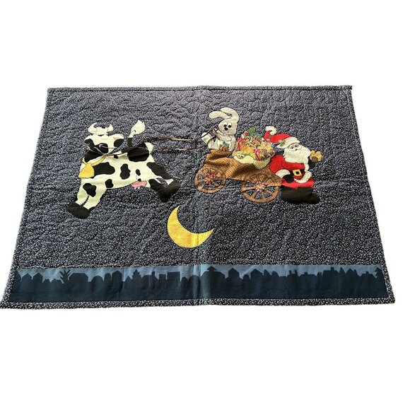 Handmade Cow Over the Moon & Santa Christmas Quilt Wall Hanging - Picture 1 of 8